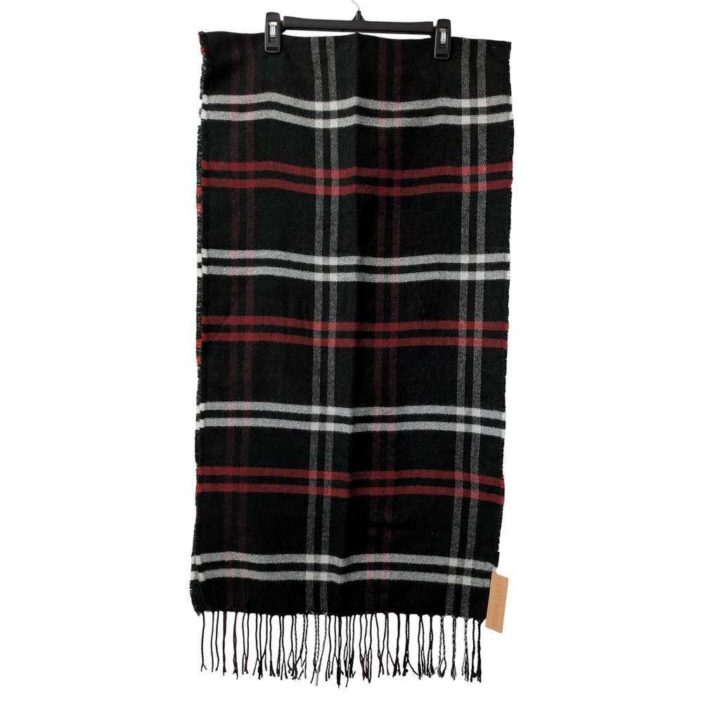 Steve Madden Plaid Scarf Braided Fringe 21 x 76 Black‎ Red Multi NWT